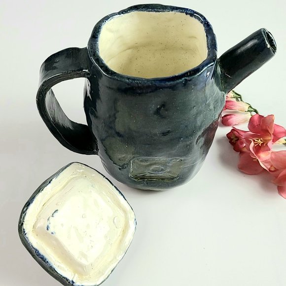 Vintage- Signed - Dark Blue Handmade Stoneware Tea Set with 6 Cups - Picture 11 of 12